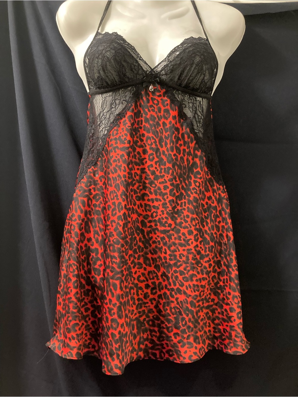 La Vie En Rose Red Leopard Satin Chemise with Black Lace
